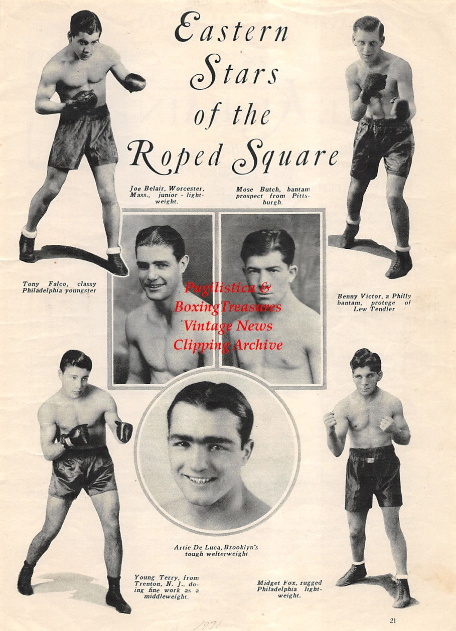 Boxing News Clipping #1871 - Tony Falco, Joe Belair, Mose Butch, Benny Victor, Artie DeLuca, Young Terry, Midget Fox, Jake Kilrain, William Muldoon, John L. Sullivan