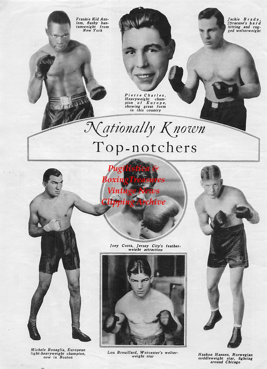 Boxing News Clipping #1874 - Frankie Kid Anslem, Pierre Charles, Jackie Brady, Joey Costa, Lou Brouillard, Michele Bonaglia, Haakon Hansen, John L. Sullivan