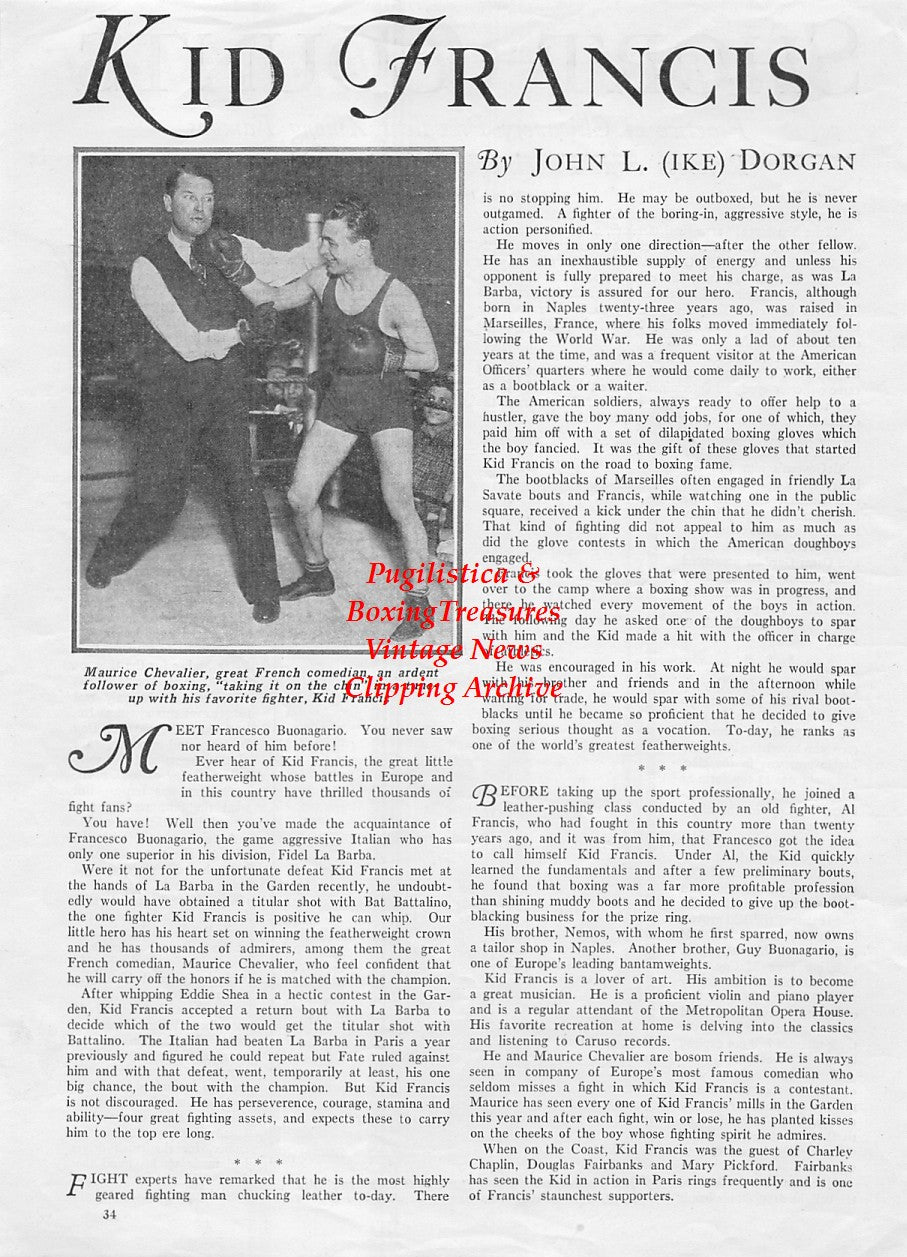 Boxing News Clipping #1876 - Joe Choynski, Kid Francis, Maurice Chevalier