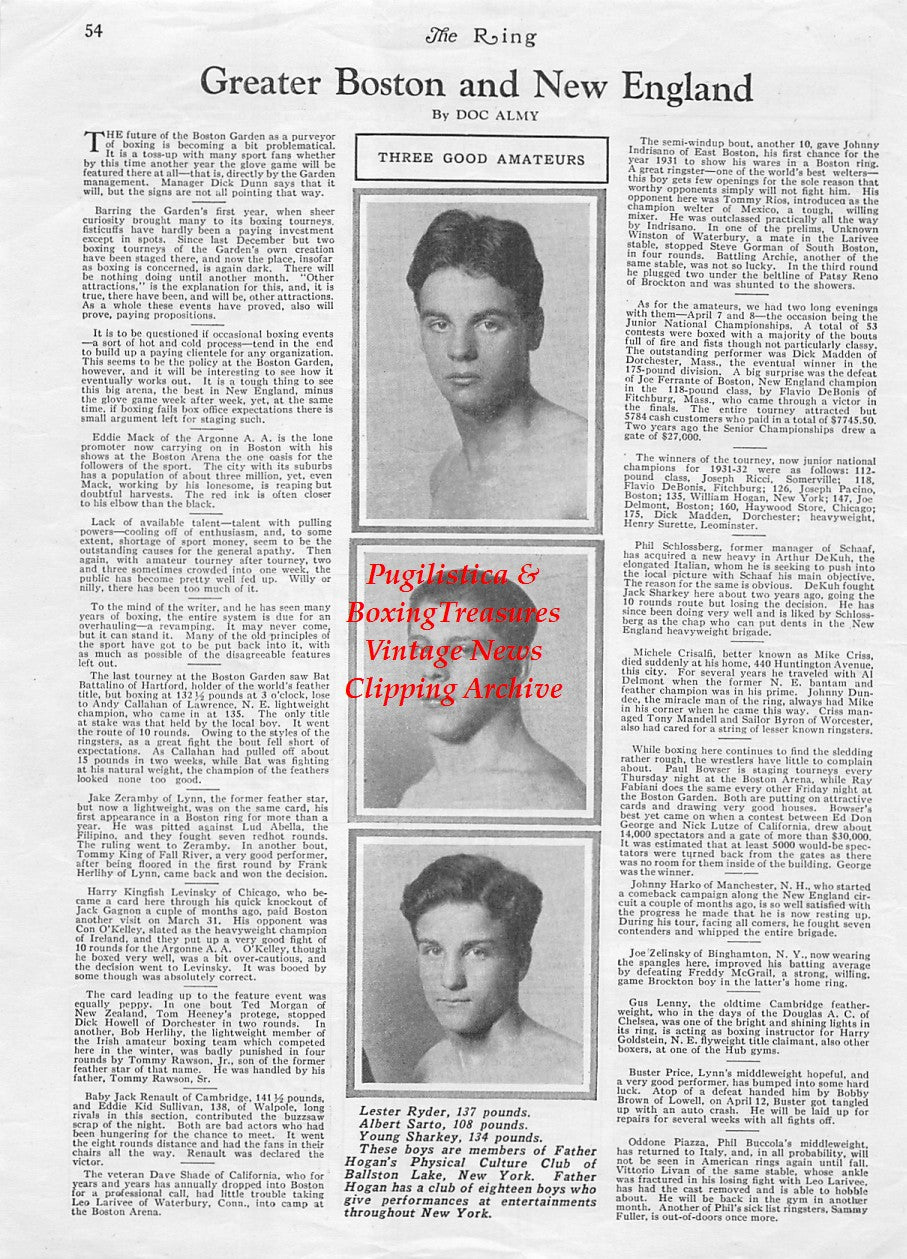 Boxing News Clipping #1882 - Lester Ryder, Albert Sarto, Young Sharkey
