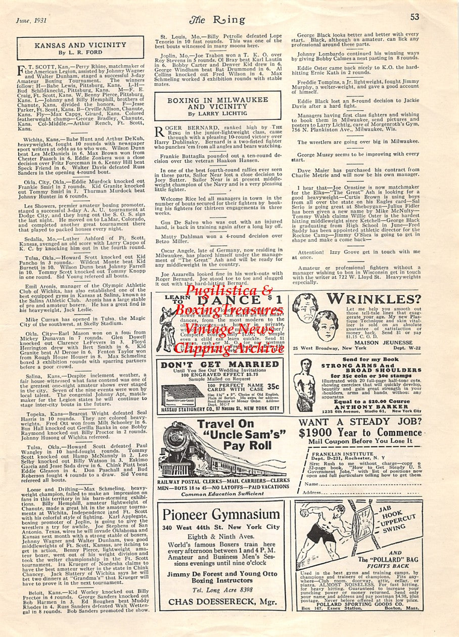 Boxing News Clipping #1882 - Lester Ryder, Albert Sarto, Young Sharkey