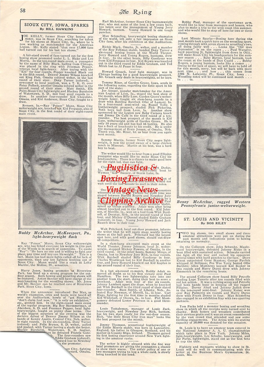 Boxing News Clipping #1883 - Buddy McArthur, Benny McArthur, Vicencio Alicante, Johnny Cook