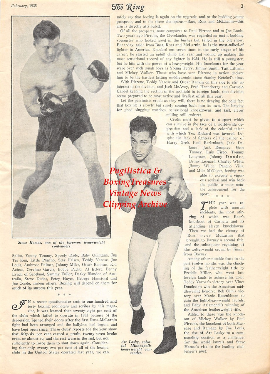 Boxing News Clipping #1887 - Steve Hamas, Art Lasky, Primo Carnera, Max Schmeling