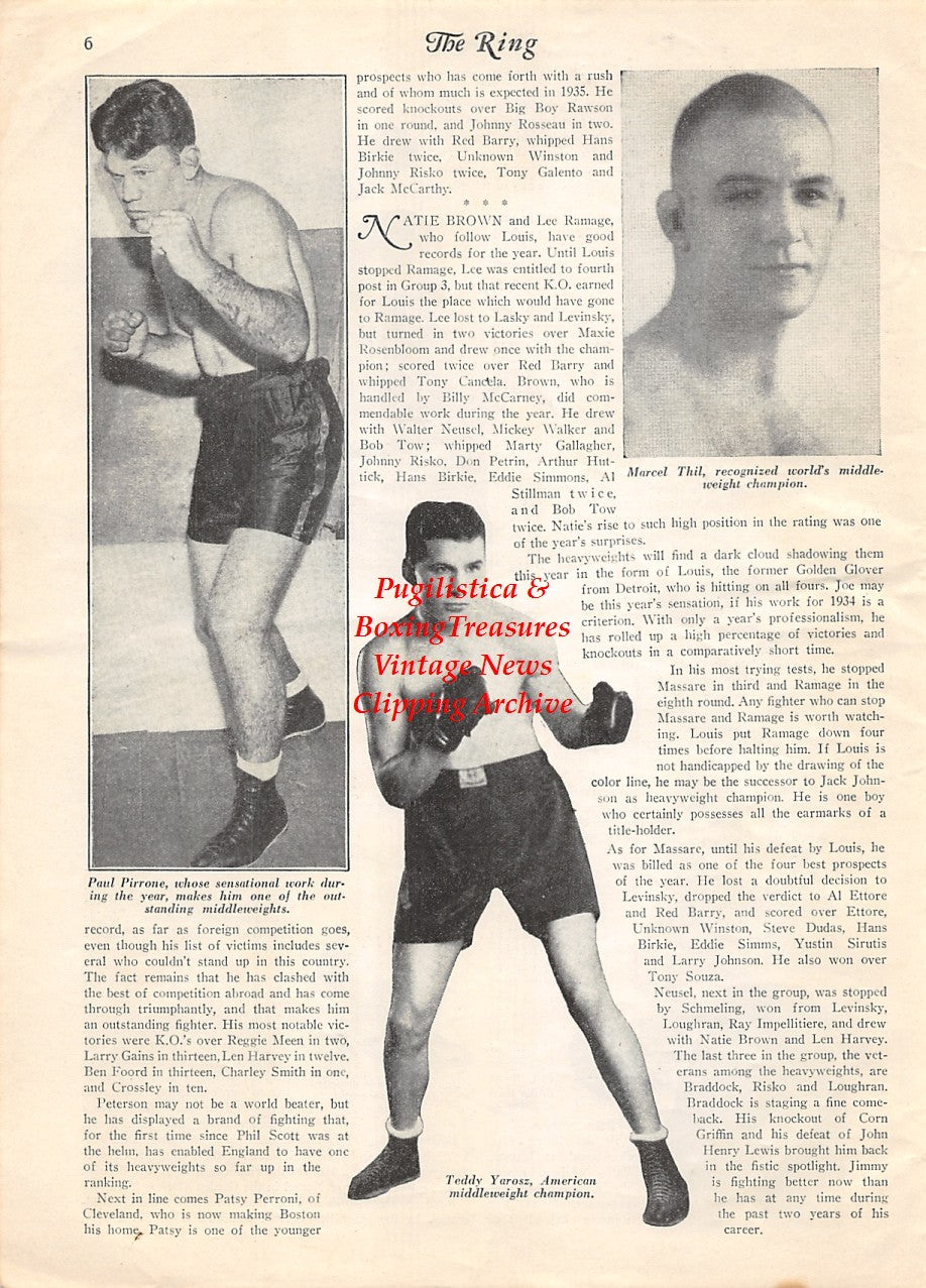 Boxing News Clipping #1888 - Paul Pirrone, Teddy Yarosz, Marcel Thil, Maxie Rosenbloom, Bob Olin, Jack Petersen