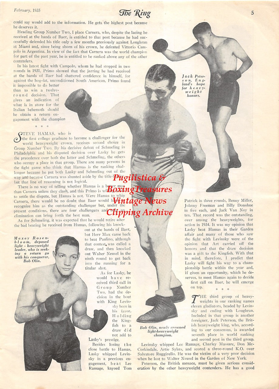 Boxing News Clipping #1888 - Paul Pirrone, Teddy Yarosz, Marcel Thil, Maxie Rosenbloom, Bob Olin, Jack Petersen