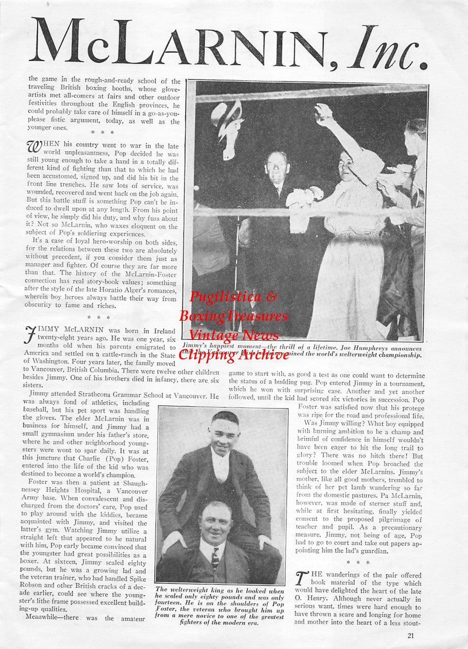 Boxing News Clipping #1895 - Jimmy McLarnin, Joe Humphreys, Pop Foster, Al Singer