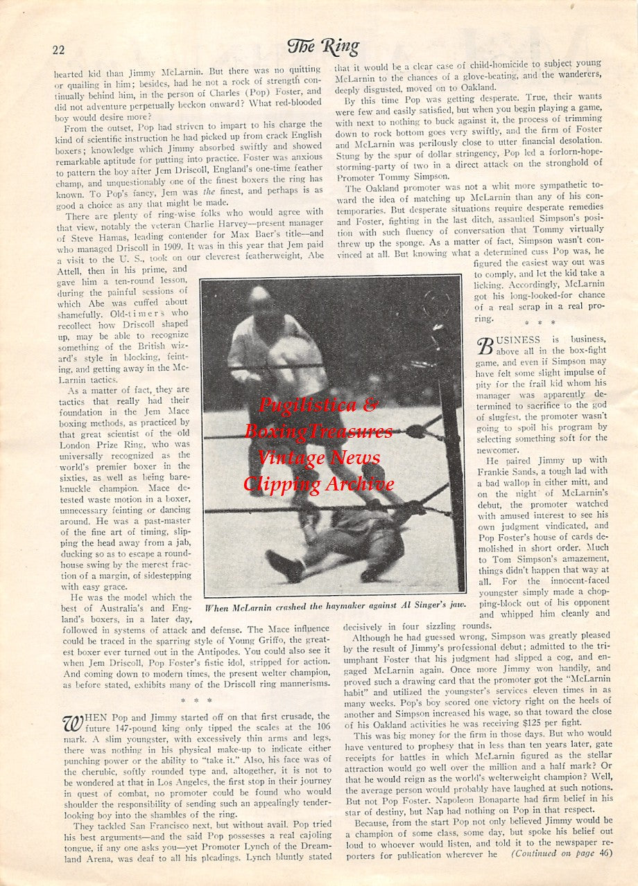 Boxing News Clipping #1895 - Jimmy McLarnin, Joe Humphreys, Pop Foster, Al Singer