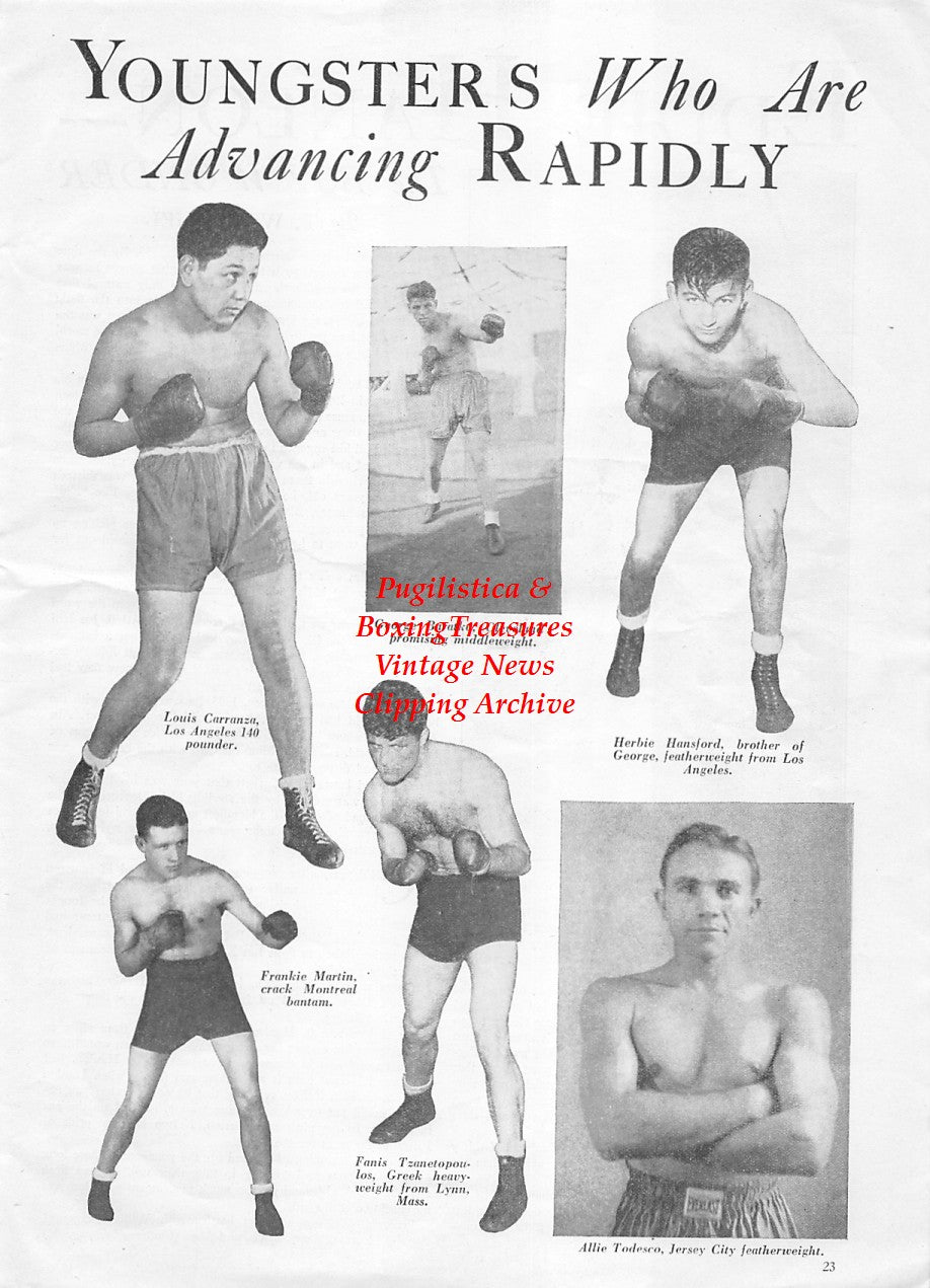 Boxing News Clipping #1896 - Louis Carranza, George Baratko, Herbie Hansford, Frankie Martin, Fanis Tzanetopoulos, Allie Tedesco, Eddie Hanlon