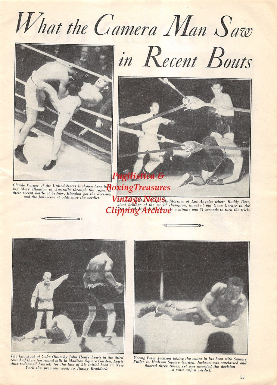Boxing News Clipping #1897 - Claude Varner vs. Merv Blandon, Buddy Baer vs. Gene Garner, Yale Okun vs. John Henry Lewis, Young Peter Jackson vs. Sammy Fuller, Jim Flynn, Carl Morris