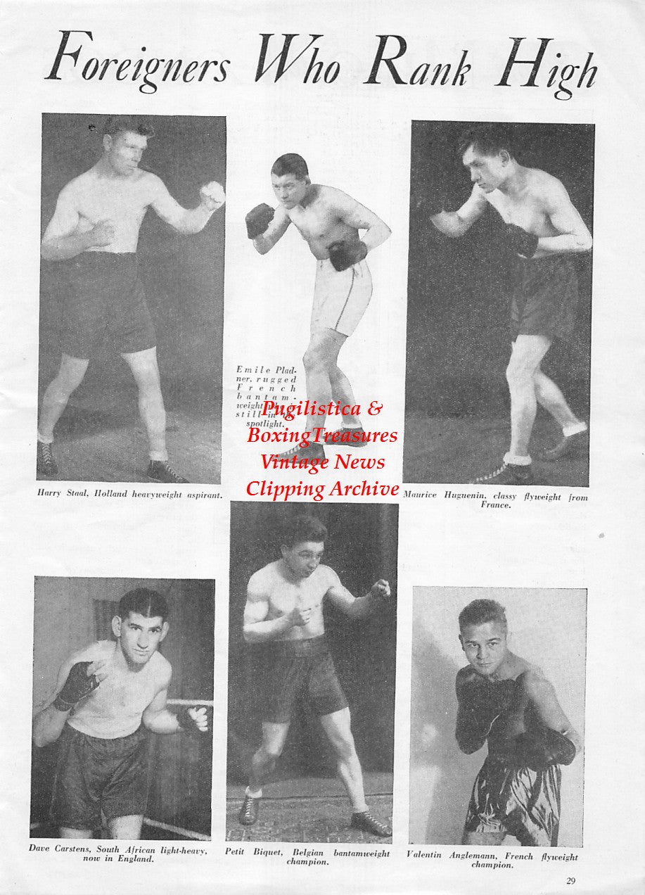 Boxing News Clipping #1899 - Harry Staal, Emile Pladner, Maurice Huguenin, Dave Carstens, Petit Biquet, Valentin Anglemann, Joe Stecher, Tony Stecher