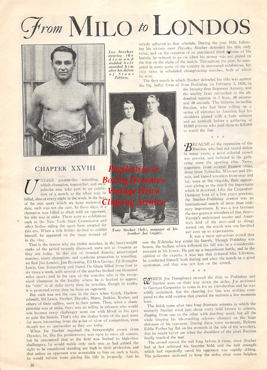 Boxing News Clipping #1899 - Harry Staal, Emile Pladner, Maurice Huguenin, Dave Carstens, Petit Biquet, Valentin Anglemann, Joe Stecher, Tony Stecher
