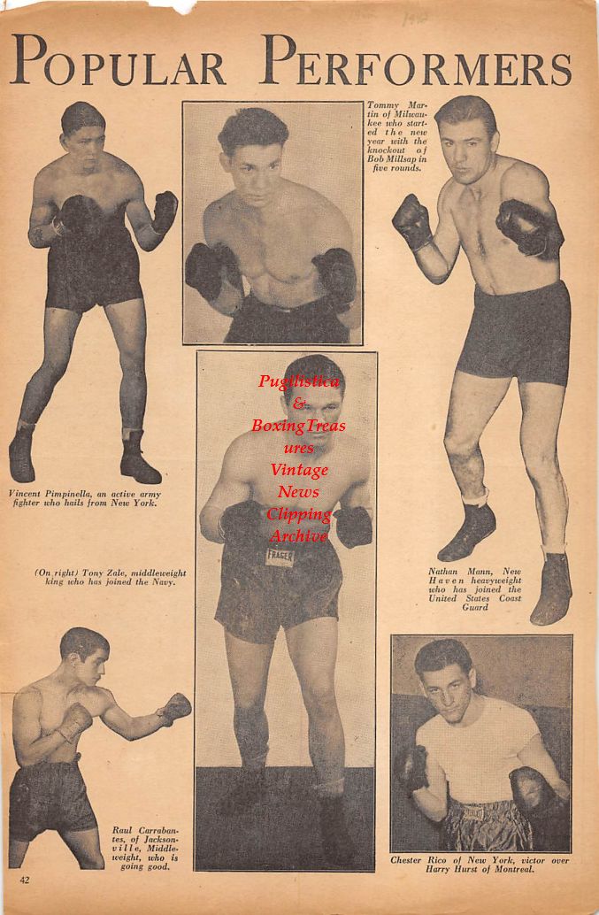 Boxing News Clipping #190 - Vincent Pimpinella, Tony Zale, Raul Carrabantes, Tommy Martin, Nathan Mann, Chester Rico