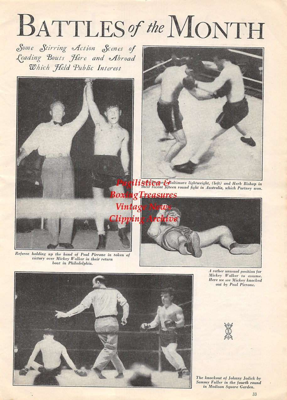 Boxing News Clipping #1900 - Paul Pirrone, Jack Portney vs. Herb Bishop, Mickey Walker, Johnny Jadick vs. Sammy Fuller, Ghoofar Khan, Ayub Khan
