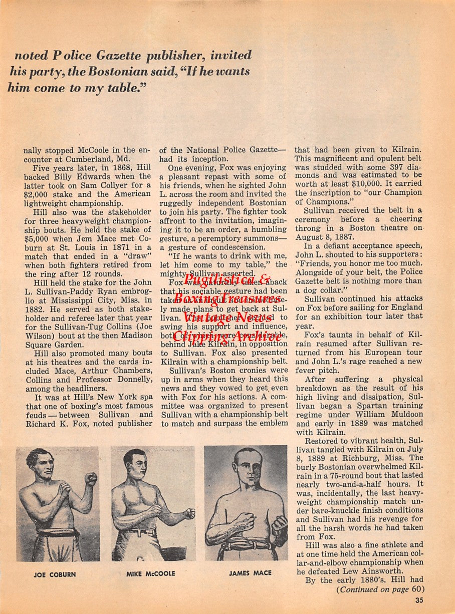 Boxing News Clipping #1918 - Joe Coburn, Mike McCoole, Jem Mace, Roy Cohn, Lou Scadron, Mag. Gen. Melvin L. Krulewitch