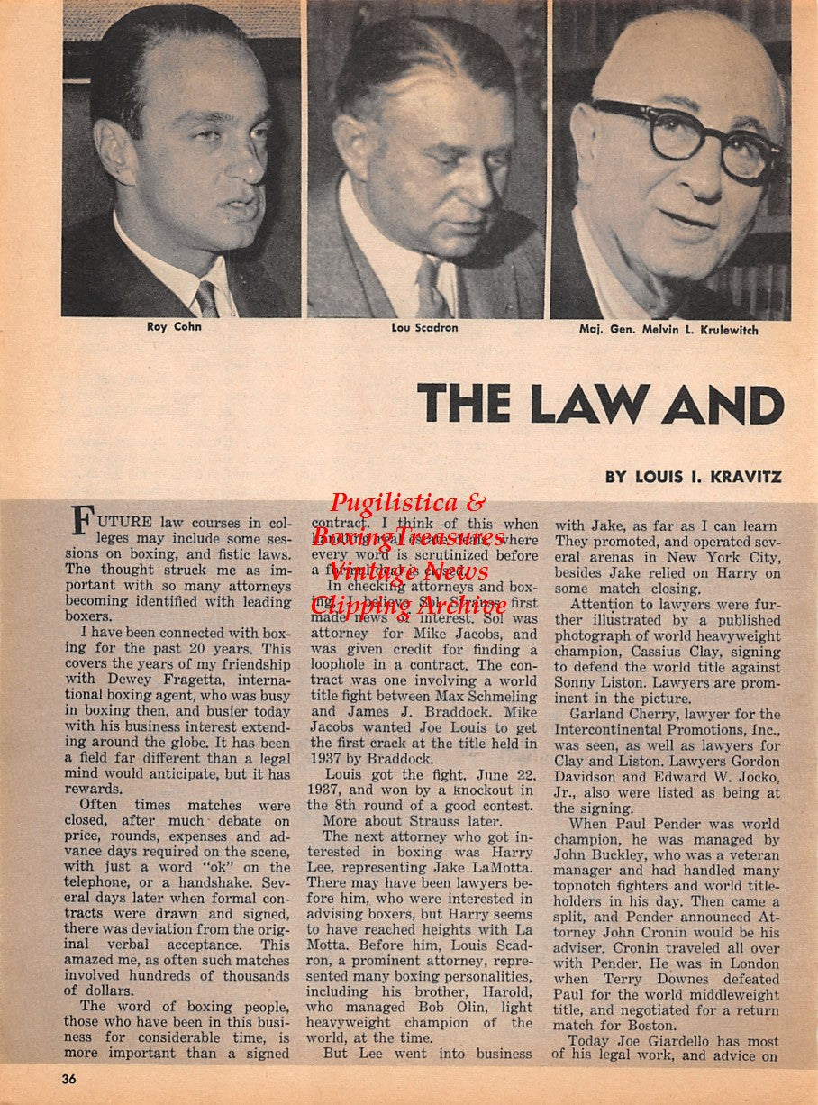 Boxing News Clipping #1918 - Joe Coburn, Mike McCoole, Jem Mace, Roy Cohn, Lou Scadron, Mag. Gen. Melvin L. Krulewitch