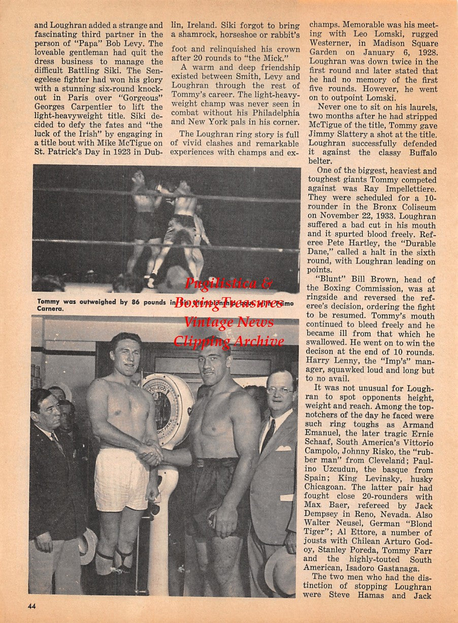 Boxing News Clipping #1921 - Tommy Loughran, Primo Carnera, Steve Hamas