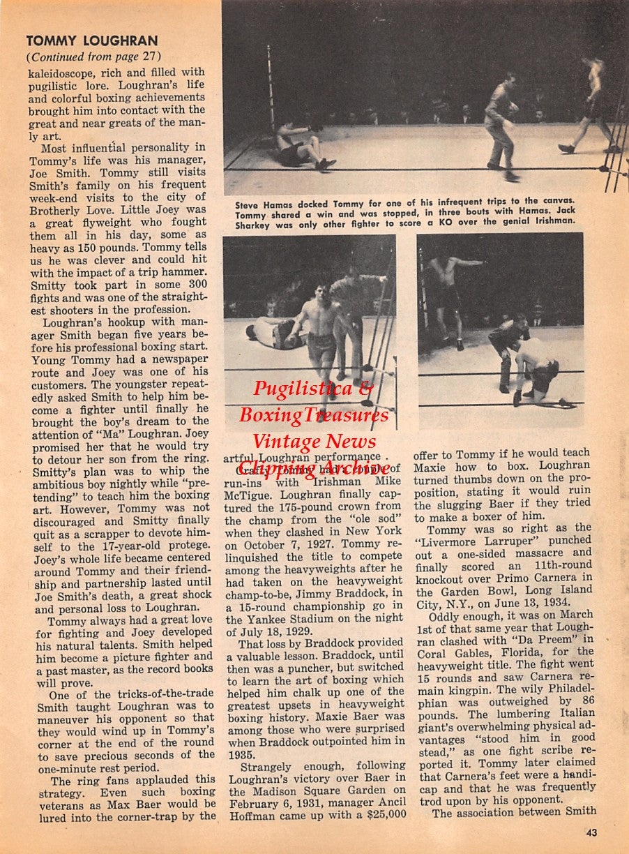 Boxing News Clipping #1921 - Tommy Loughran, Primo Carnera, Steve Hamas