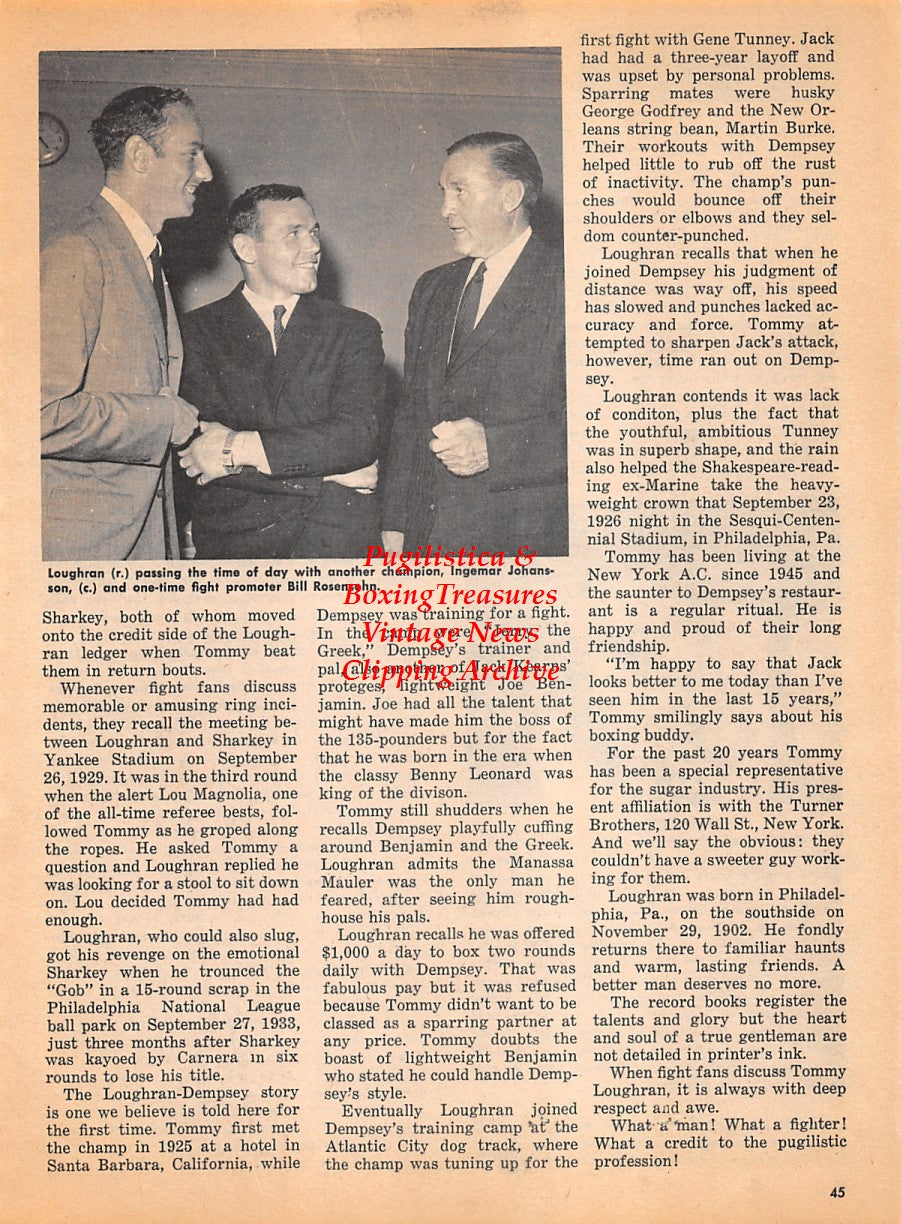 Boxing News Clipping #1922 - Tommy Loughran, Ingemar Johansson, Bill Rosensohn, Willie Pastrano