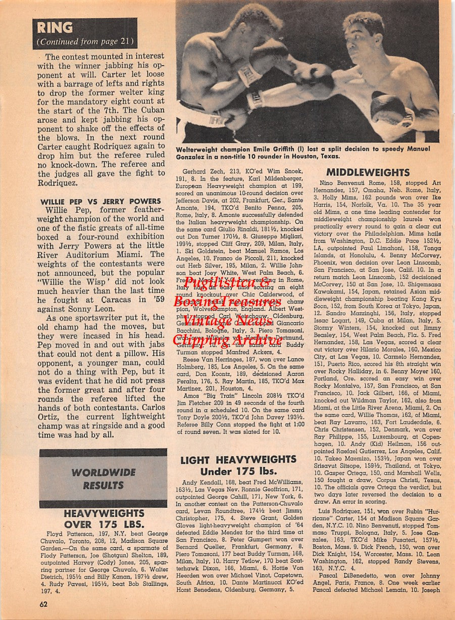 Boxing News Clipping #1924 - Emile Griffith vs. Manuel Gonzalez