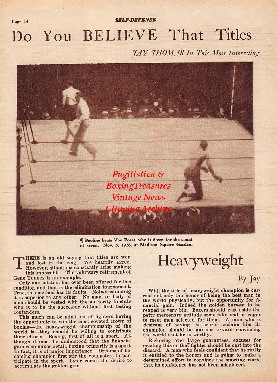 Boxing News Clipping #1931 - Paulino Uzcudun vs. Otto Von Porat