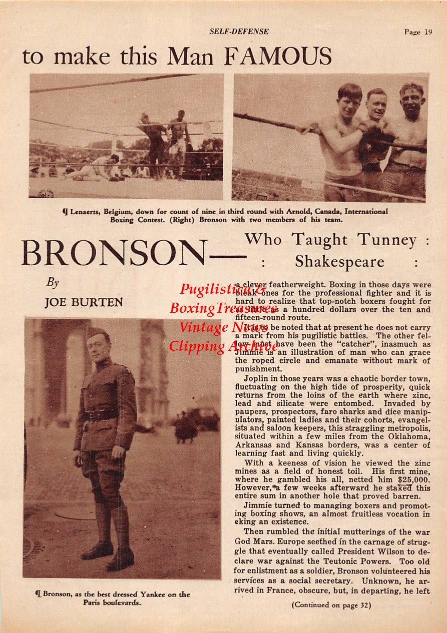 Boxing News Clipping #1934 - Gene Tunney as Military Boxer, Jimmy Bronson, Bob Martin
