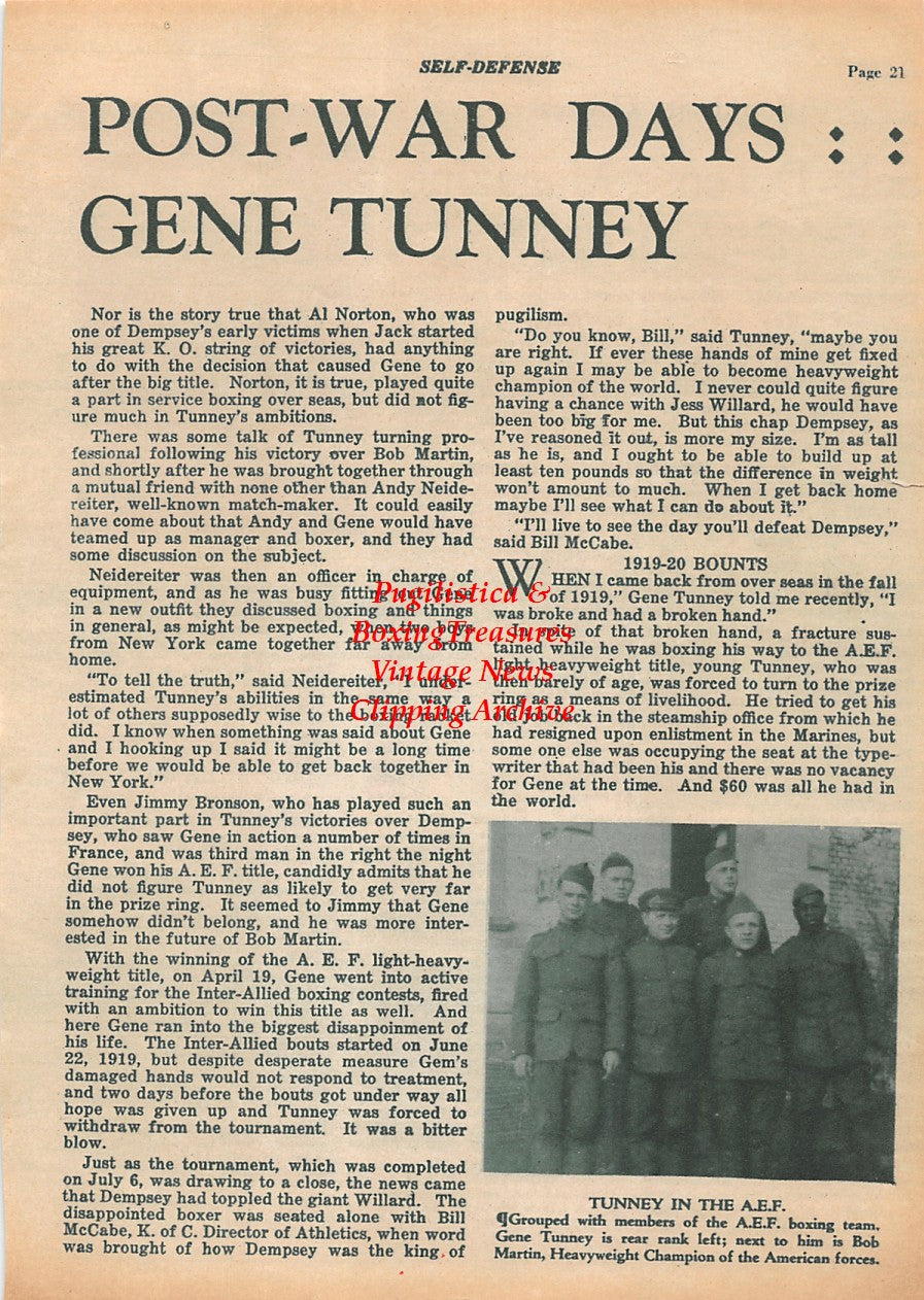 Boxing News Clipping #1935 - Gene Tunney and A.E.F. Boxing Team, Bob Martin, James J. Corbett