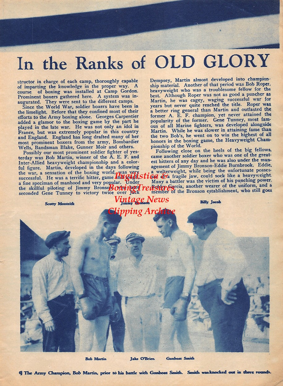 Boxing News Clipping #1945 - Bob Martin, Gunboat Smith, Jimmy Bronson, Billy Jacob, Scotty Monteith, Jake O'Brien, Packey O'Gatty