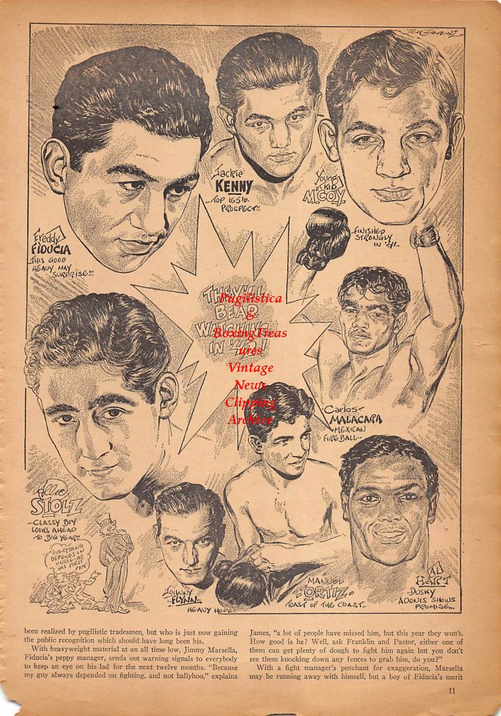 Boxing News Clipping #196 - Jackie Kenny, Young Kid McCoy, Freddy Fiducia, Allie Stoltz, Johnny Flynn, Manuel Ortiz, Al Hart, Carlos Malacapa, Harry Hurst