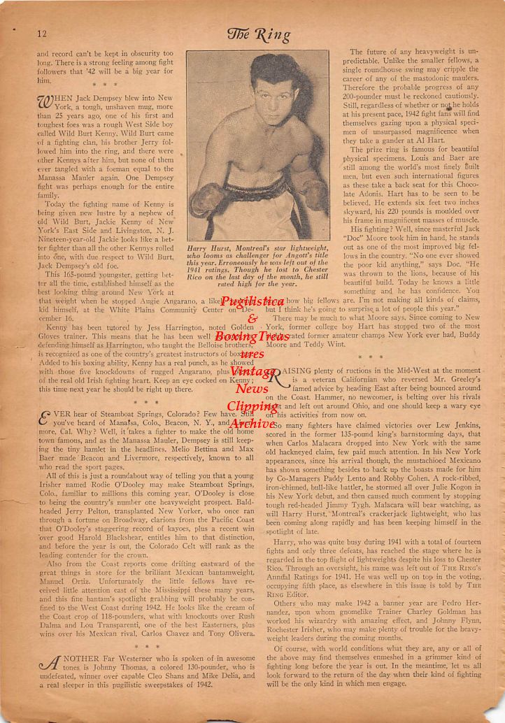 Boxing News Clipping #196 - Jackie Kenny, Young Kid McCoy, Freddy Fiducia, Allie Stoltz, Johnny Flynn, Manuel Ortiz, Al Hart, Carlos Malacapa, Harry Hurst