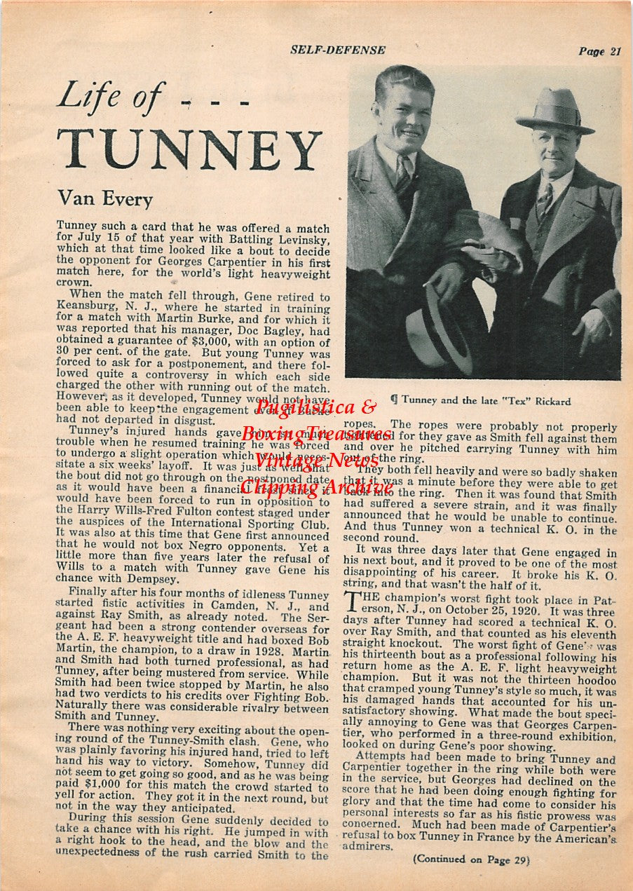 Boxing News Clipping #1973 - Gene Tunney, Tex Rickard, Young Stribling vs. Jack Sharkey