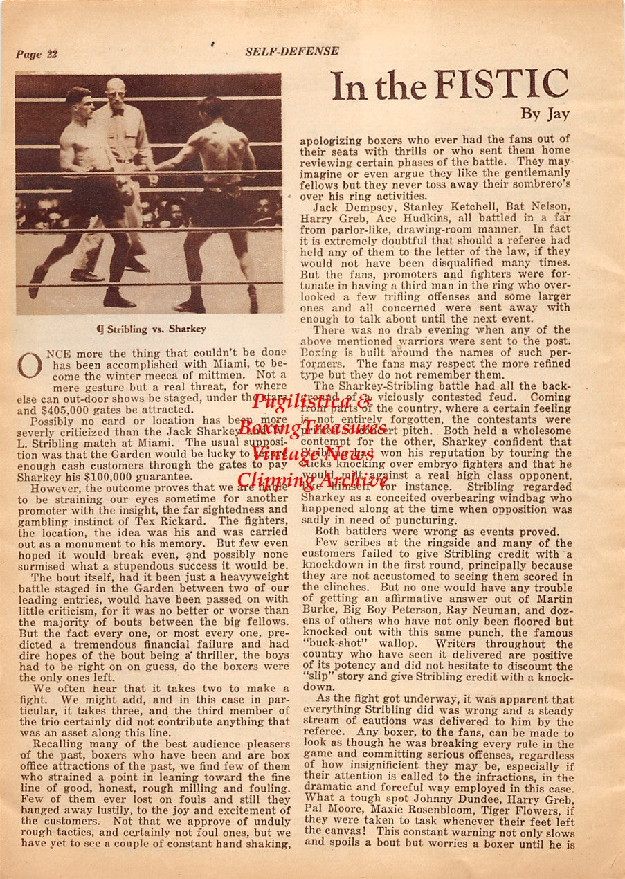 Boxing News Clipping #1973 - Gene Tunney, Tex Rickard, Young Stribling vs. Jack Sharkey