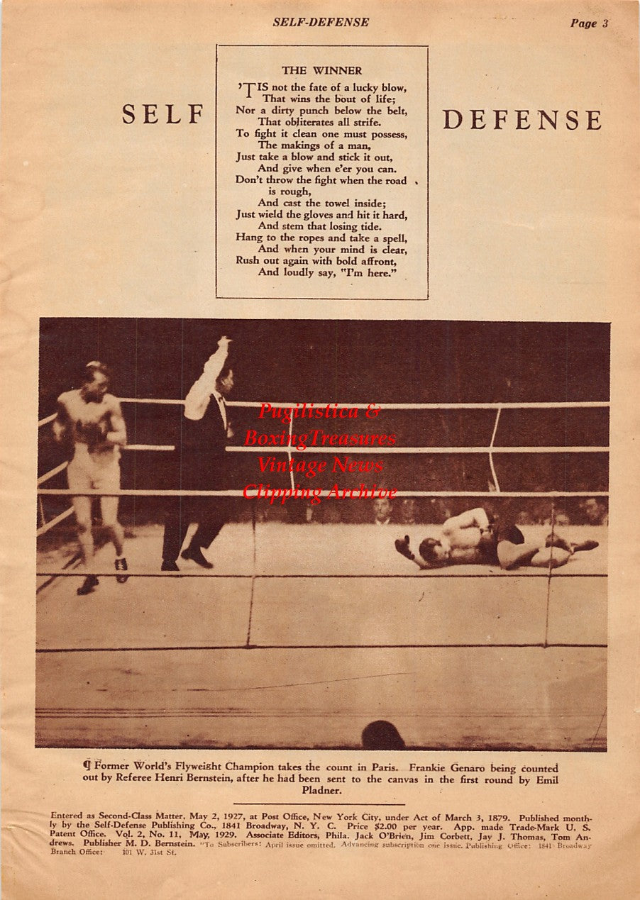 Boxing News Clipping #1980 - Jimmy McLarnin vs. Ray Miller, Frankie Genaro vs. Emile Pladner, Henri Bernstein