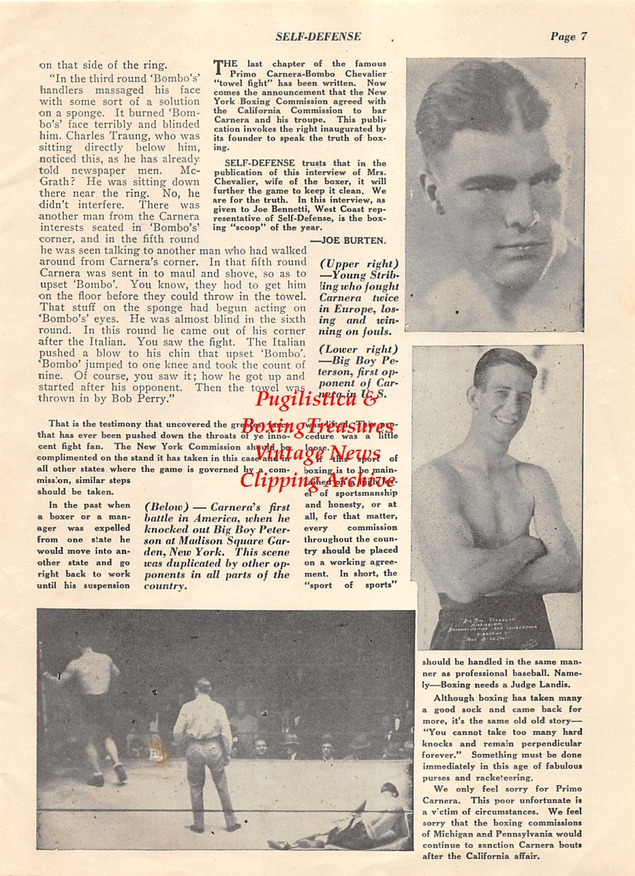 Boxing News Clipping #1985 - Young Stribling, Primo Carnera vs. Big Boy Peterson, James J. Corbett, Joe Choynski, Jim Jeffries, Billy Jordan