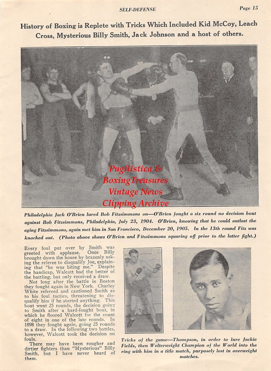 Boxing News Clipping #1989 - Philadelphia Jack O'Brien vs. Bob Fitzsimmons, Young Jack Thompson, Jackie Fields