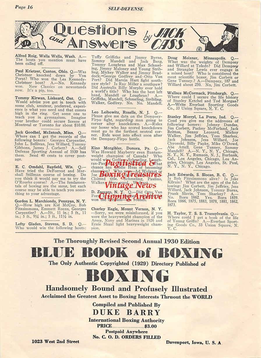 Boxing News Clipping #1989 - Philadelphia Jack O'Brien vs. Bob Fitzsimmons, Young Jack Thompson, Jackie Fields