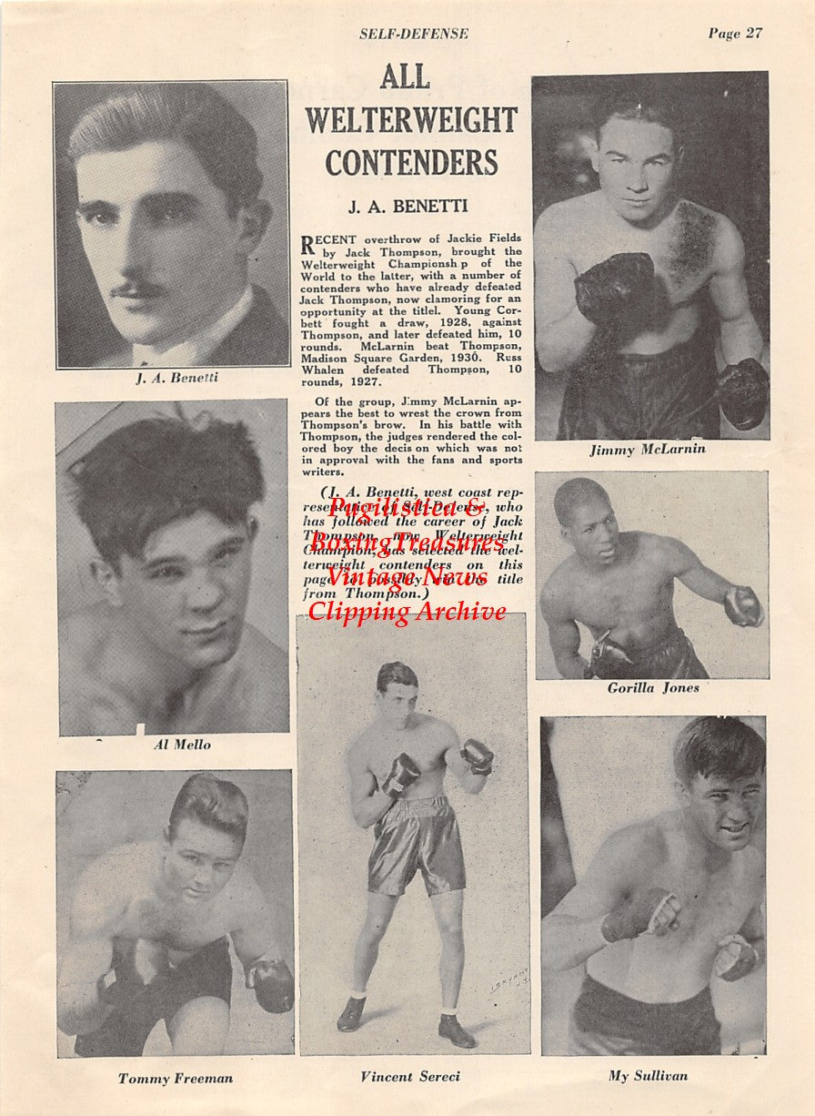 Boxing News Clipping #1993 - Al Mello, Tommy Freeman, Vincent Sereci, Jimmy McLarnin, Gorilla Jones, My Sullivan, J.A. Benetti