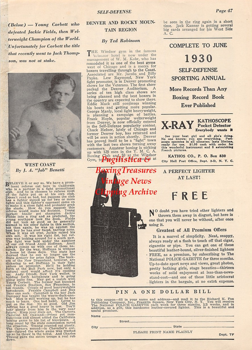 Boxing News Clipping #2001 - Young Corbett III, Jimmy DeForest, Jack Dempsey