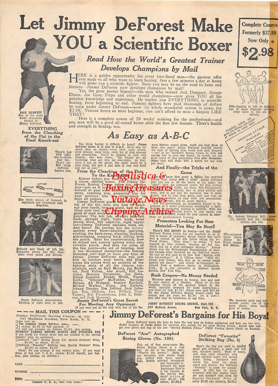 Boxing News Clipping #2001 - Young Corbett III, Jimmy DeForest, Jack Dempsey