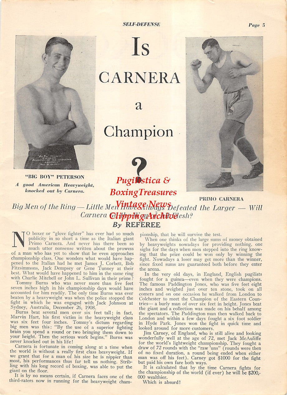Boxing News Clipping #2005 - Bob Fitzsimmons, Big Boy Peterson, Primo Carnera