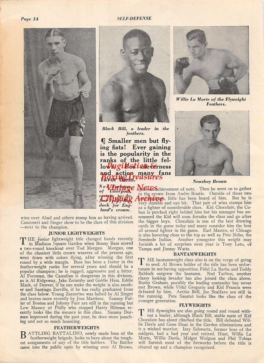 Boxing News Clipping #2009 - Black Bill, Harry Smith, Ned Tarleton, Newsboy Brown, Willie LaMorte, Jimmy McLarnin, Battling Battalino
