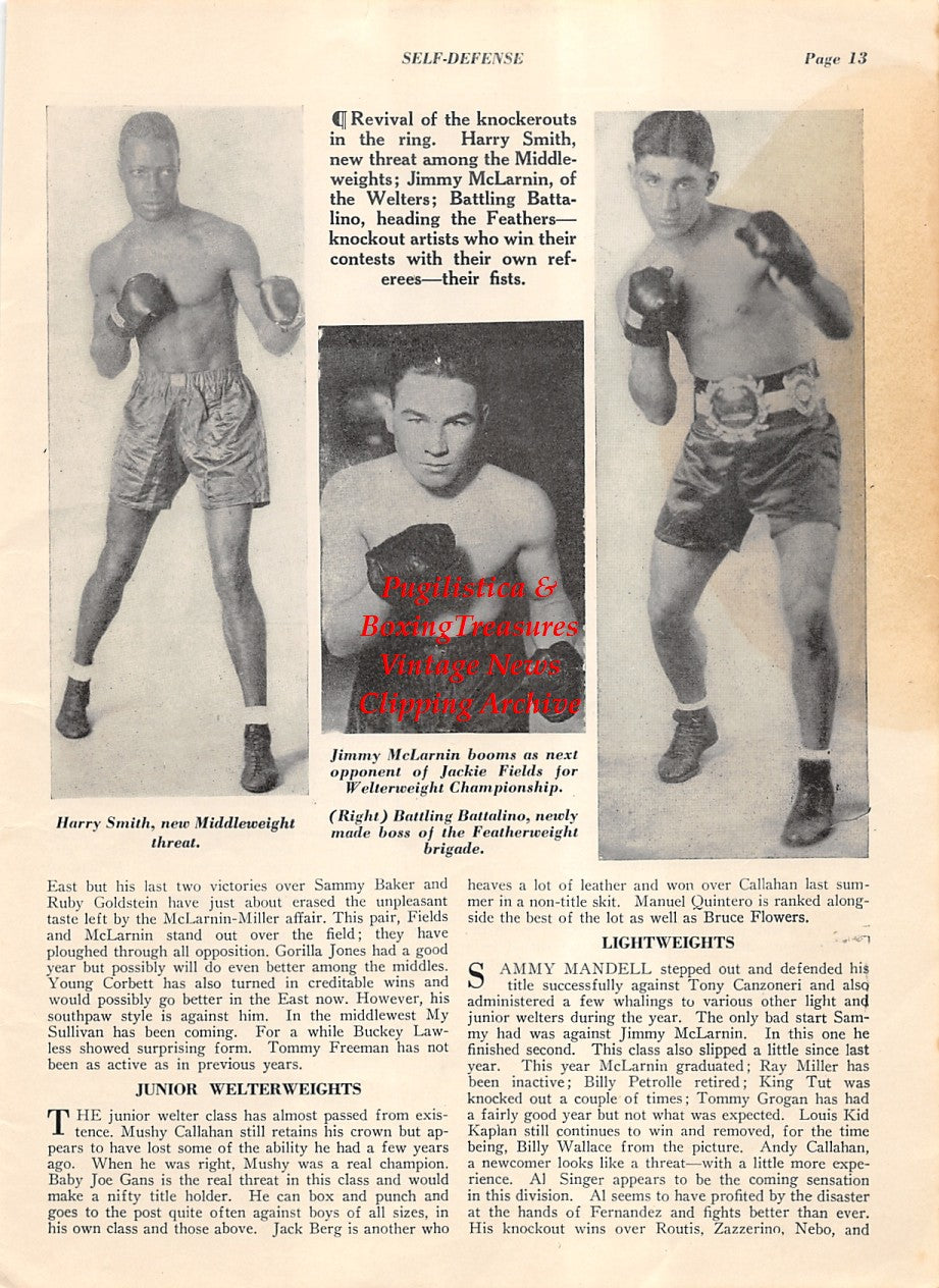 Boxing News Clipping #2009 - Black Bill, Harry Smith, Ned Tarleton, Newsboy Brown, Willie LaMorte, Jimmy McLarnin, Battling Battalino