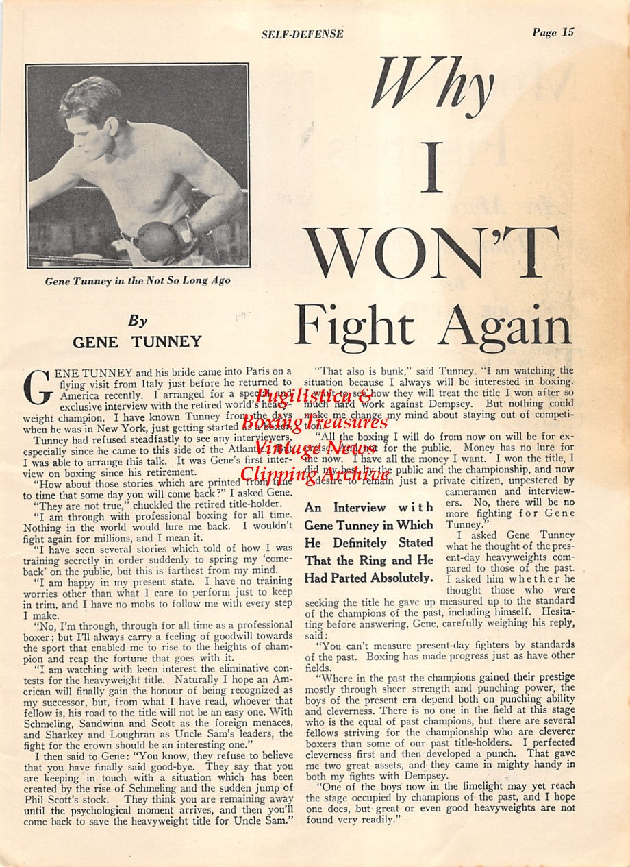 Boxing News Clipping #2010 - Gene Tunney "Why I Won't Fight Again"