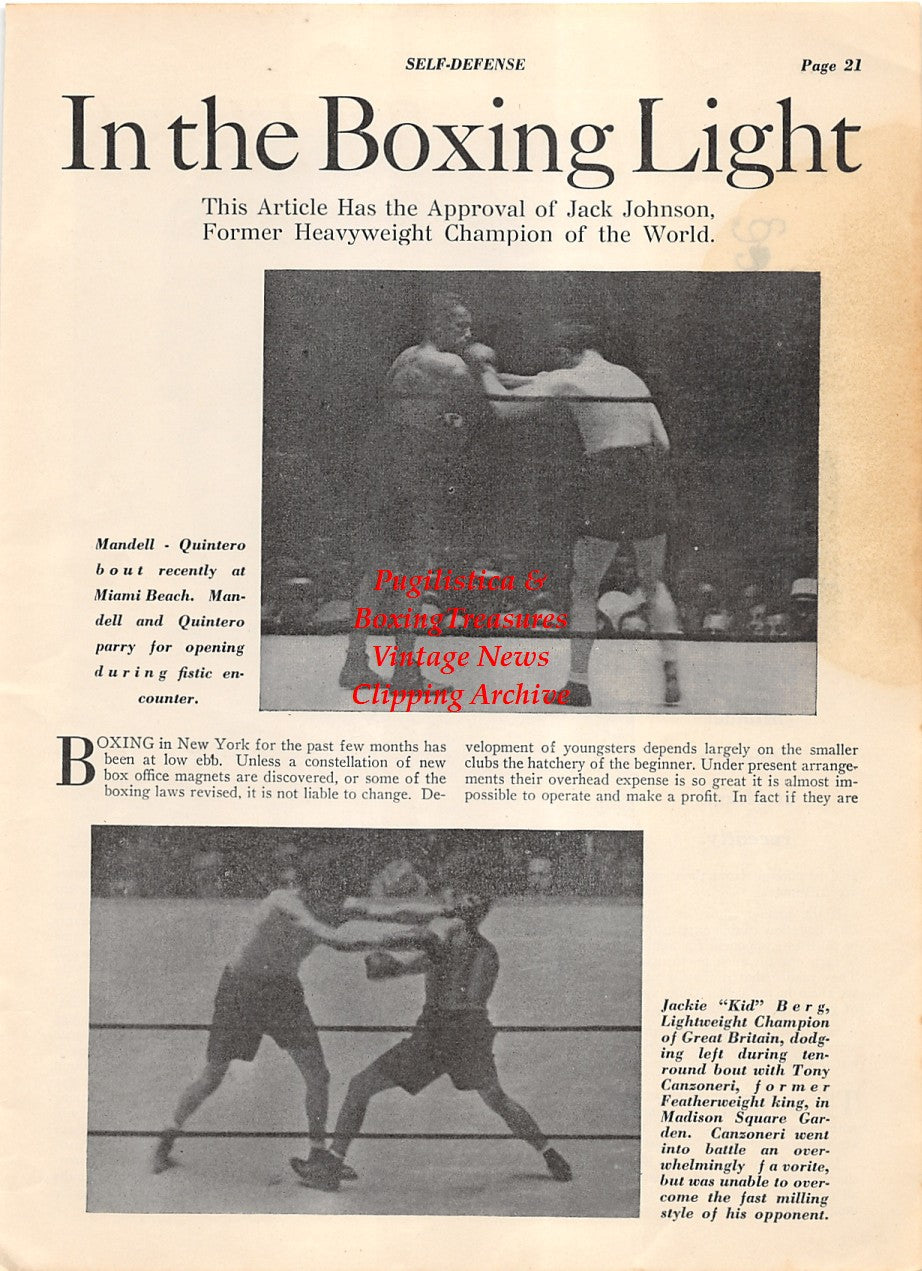 Boxing News Clipping #2013 - Sammy Mandell vs. Manuel Quintero, Jack Kid Berg vs. Tony Canzoneri