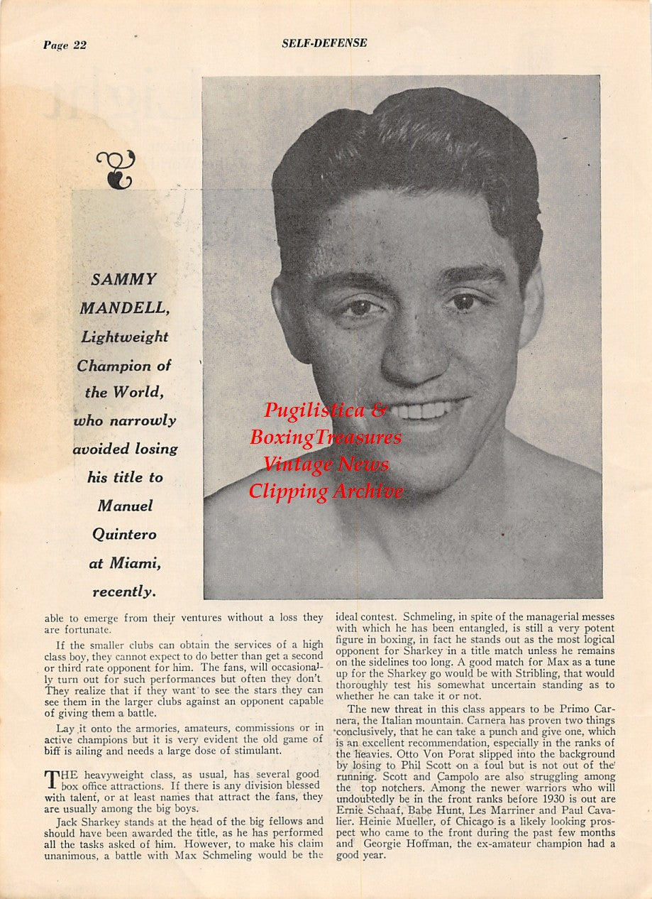 Boxing News Clipping #2013 - Sammy Mandell vs. Manuel Quintero, Jack Kid Berg vs. Tony Canzoneri