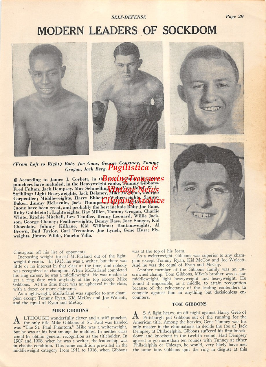 Boxing News Clipping #2015 - Baby Joe Gans, George Courtney, Tommy Grogan, Jack Kid Berg