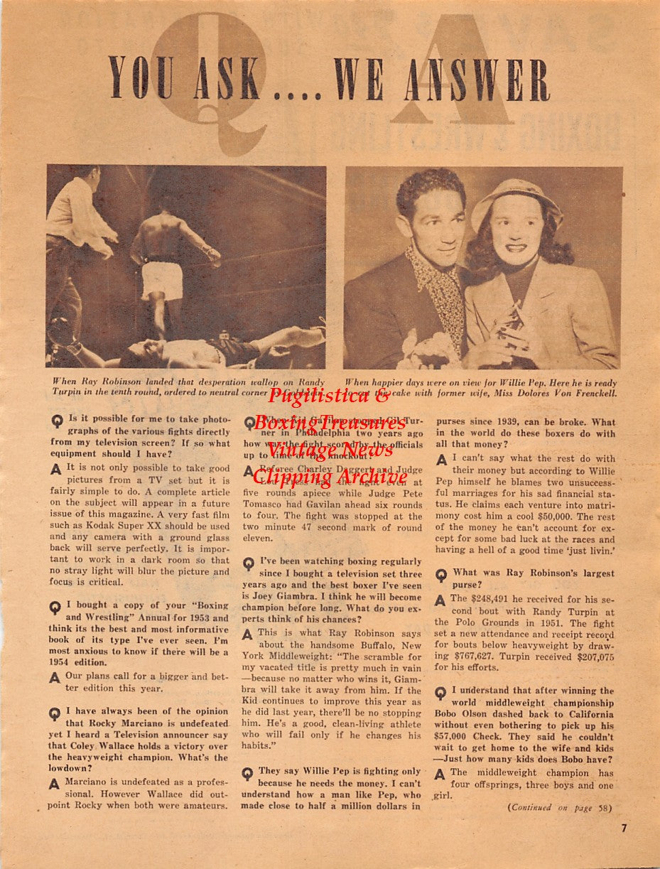 Boxing News Clipping #2024 - Sugar Ray Robinson vs. Randy Turpin, Willie Pep and Wife, Paddy Young, Joey Giambra