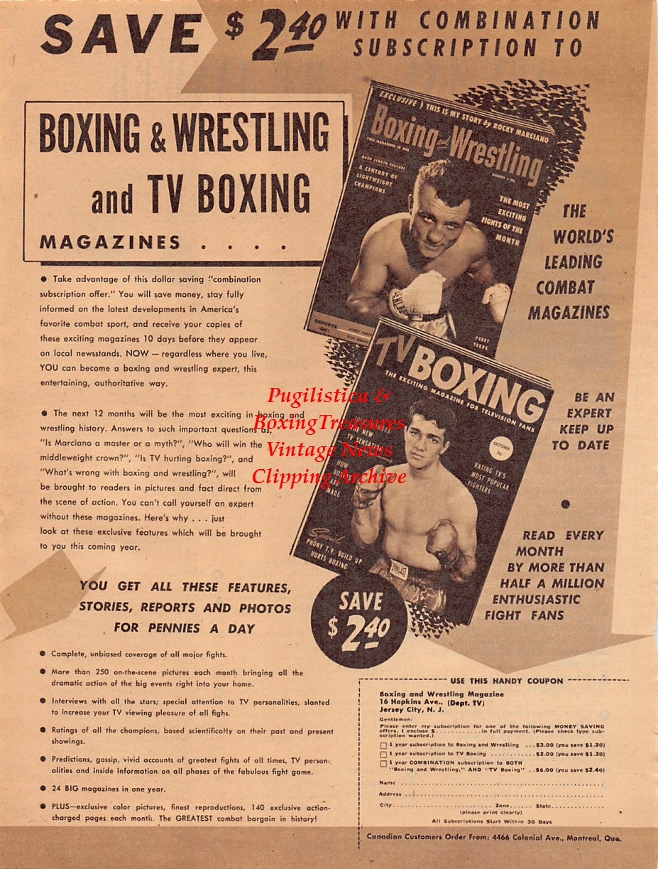 Boxing News Clipping #2024 - Sugar Ray Robinson vs. Randy Turpin, Willie Pep and Wife, Paddy Young, Joey Giambra
