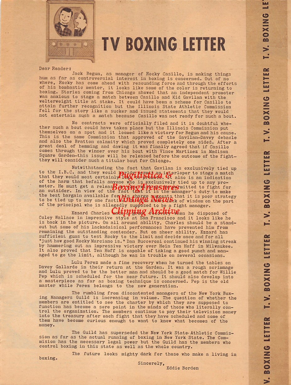 Boxing News Clipping #2025 - Billy Graham vs. Paddy Young, Del Flanagan vs. Jimmy Saxton, Ezzard Charles vs. Coley Wallace