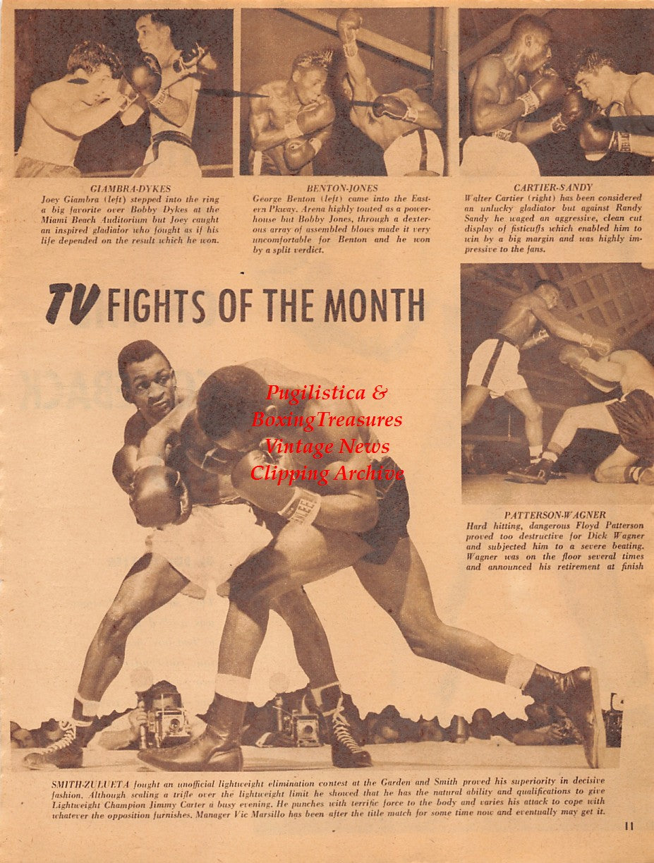 Boxing News Clipping #2026 - Tuzo Portuguez, Joey Giambra vs. Bobby Dykes, George Benton vs. Bobby Jones, Walter Cartier vs. Randy Sandy, Floyd Patterson vs. Dick Wagner, Wallace Bud Smith vs. Orlando Zulueta