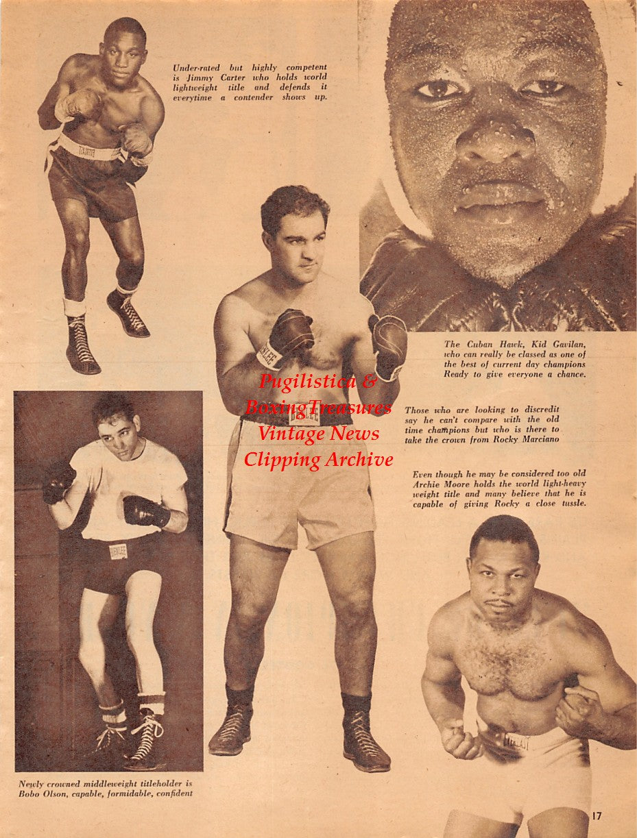 Boxing News Clipping #2029 - Jimmy Carter, Kid Gavilan, Rocky Marciano, Archie Moore, Bobo Olson, Vince Martinez, Chico Vejar, Carmine Fiore, Sammy Giuliani, Danny Giovanelli